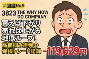 【3823 THE WHY HOW DO COMPANY】|買えば下がり売れば上がる地獄ループ!高値掴み連発の爆損トレード記録【図鑑NO.9】